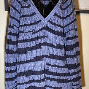 J Jill Sweater Pullover 2XL striped v neck Chunky Knit Blue 100%cotton